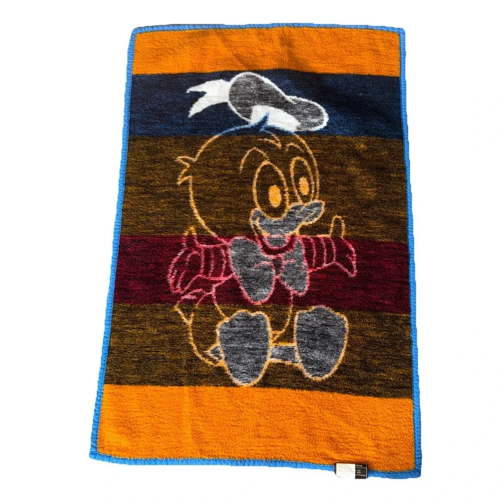 VTG BIEDERLACK Walt Disney Co. Baby Donald Duck Fuzzy Blanket 42X28 Blue Trim